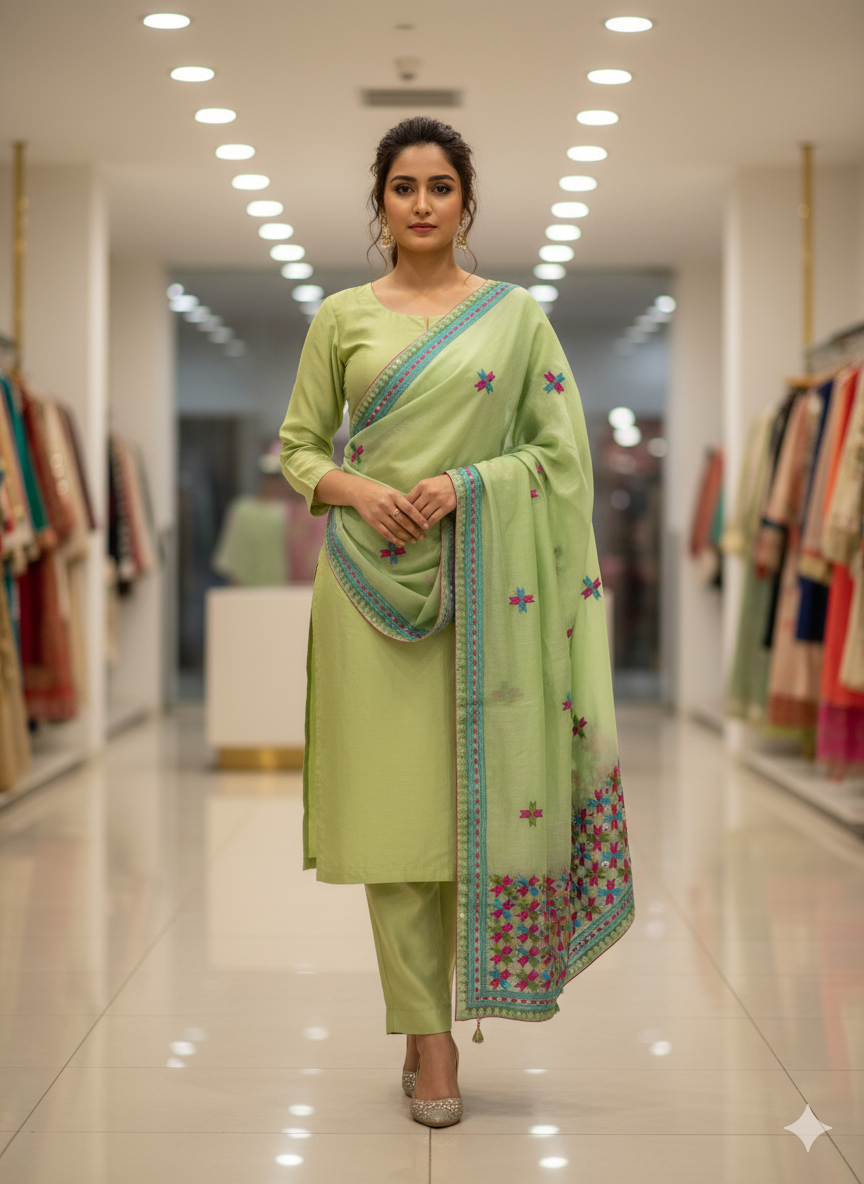 “Parrot Green Phulkari Dupatta with Hand Embroidered Magenta Thread – Traditional Punjabi Stole, Ethnic Indian Party Wear”