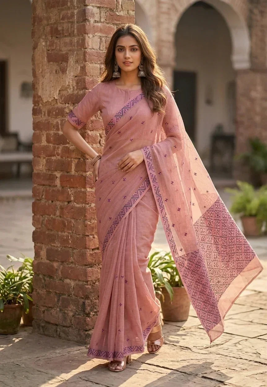 The Amritsar Store Phulkari Saree Hand Embroidered on elegant pink - The Amritsar Store