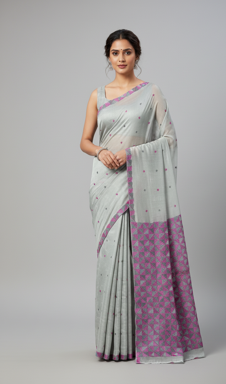 The Amritsar Store Phulkari Saree Hand Embroidered in Multicolor Thread on Grey Chinnon Chiffon