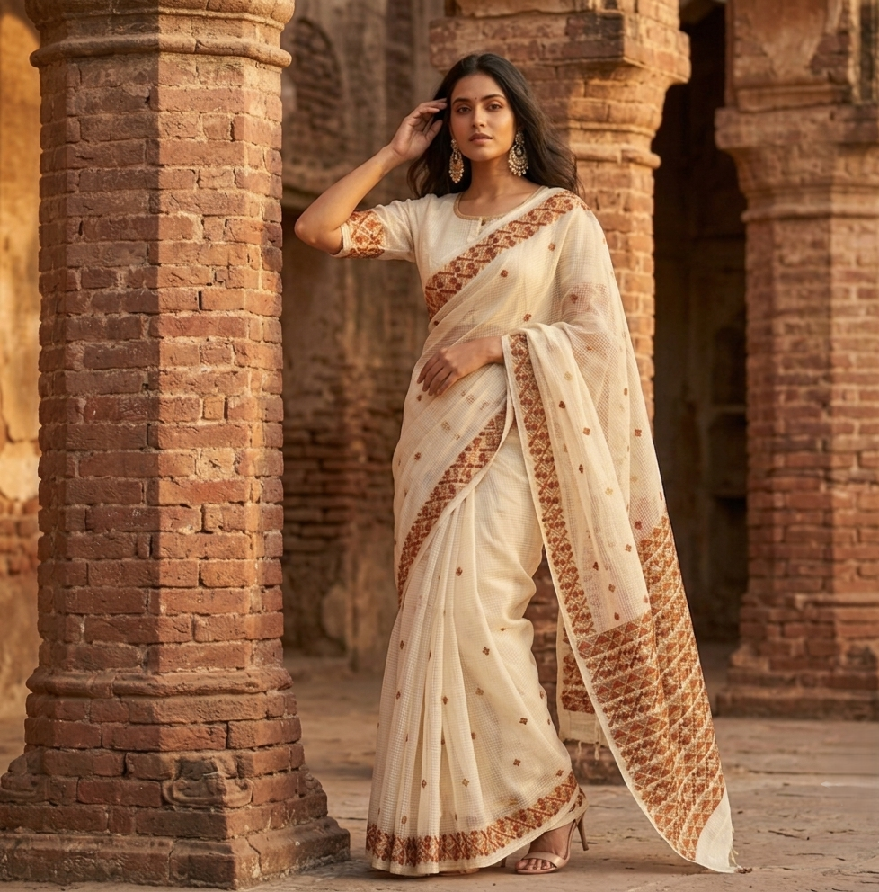 Phulkari Saree – Hand Embroidered Off White Saree for Women | The Amritsar Store