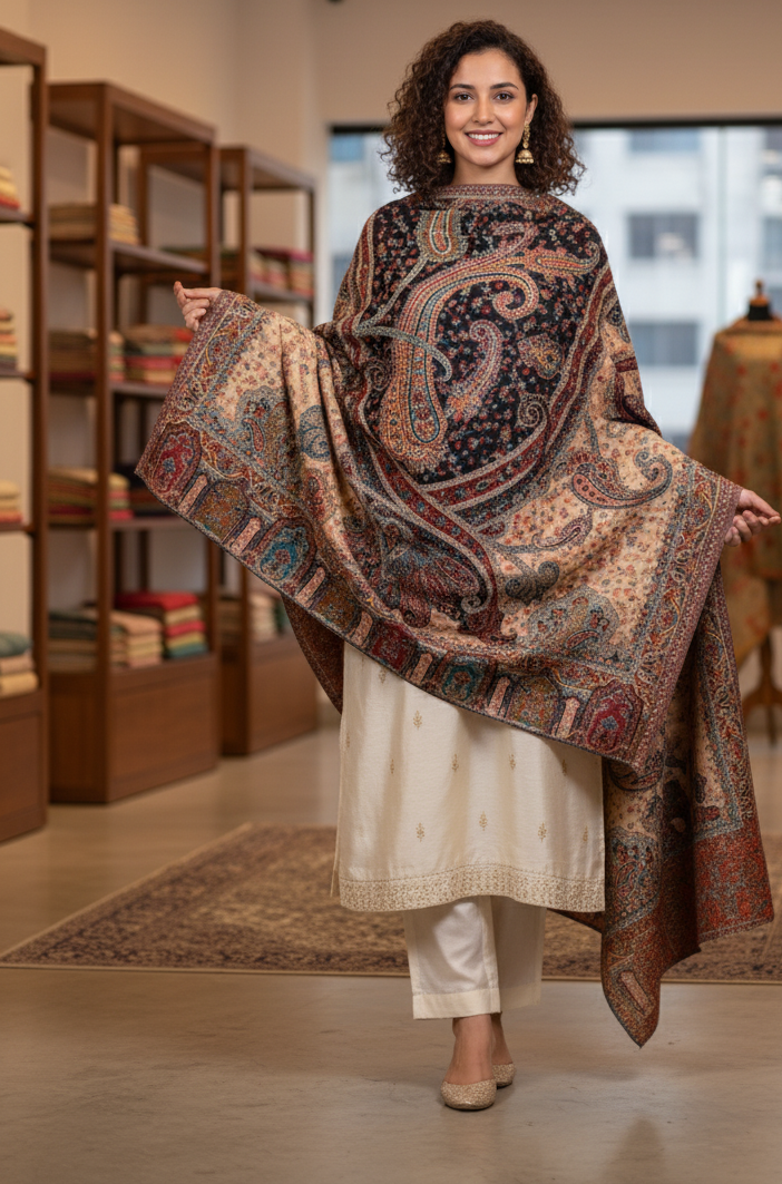 The Amritsar Store Women's Shawl, Jamawar Kani Shawl, Kashmiri Shawl, Paisley Design Woven Shawl, Faux Wool Shawl, Warm Shawl, Shawl For Women