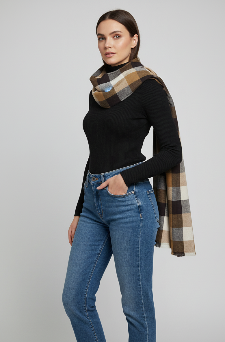 Classic Brown & Black Checkered Scarf – Soft Plaid Winter Wrap for Men & Women, Cozy Unisex Blanket Scarf, Warm Fall & Winter Accessory