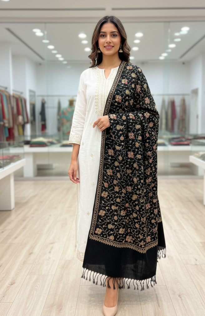 Black Hand Embroidered Stole – Elegant Wool Wrap for Women