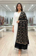 Black Hand Embroidered Stole – Elegant Wool Wrap for Women