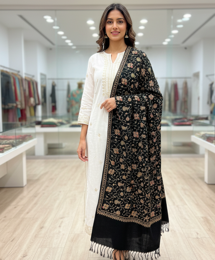 The Amritsar Store Womens Black Hand Embroidered Stole – Elegant Wool Wrap for Women