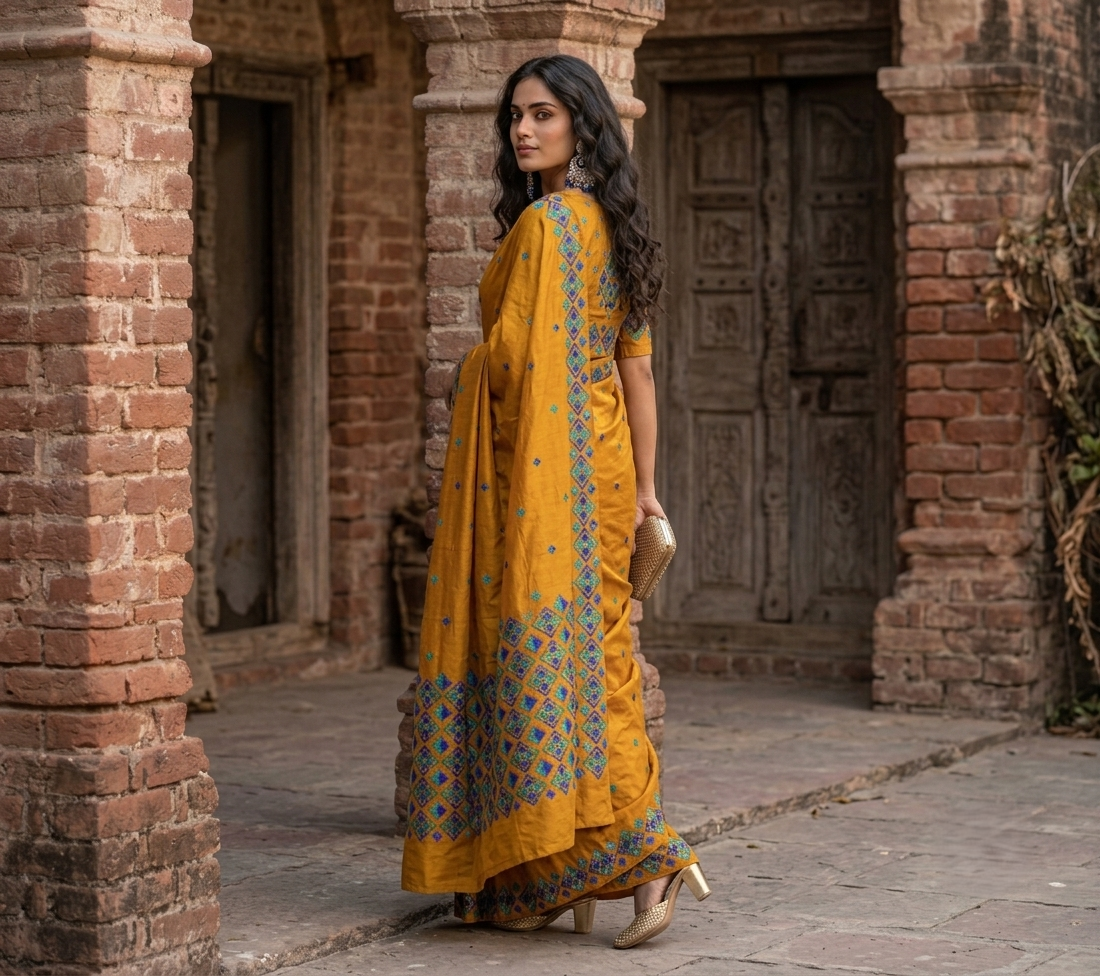 Phulkari Saree – Hand Embroidered Mustard Saree in Blue Thread | The Amritsar Store