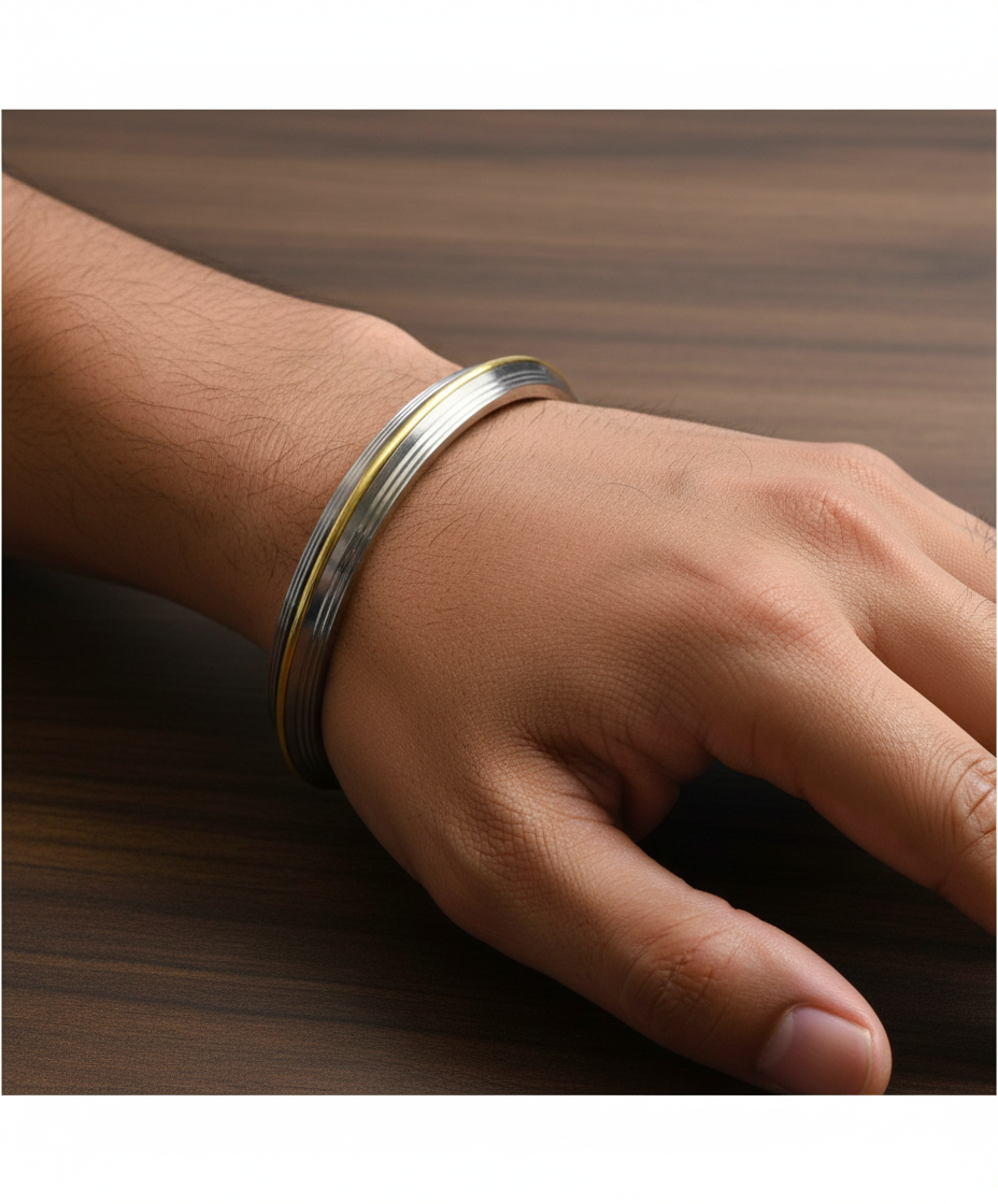 Silver Gold Plated Steel Punjabi Style Sikh Gents Heavy Kada Bangle Made With Stainless Steel For Men, Boys With Curved Edges By The Amritsar Store