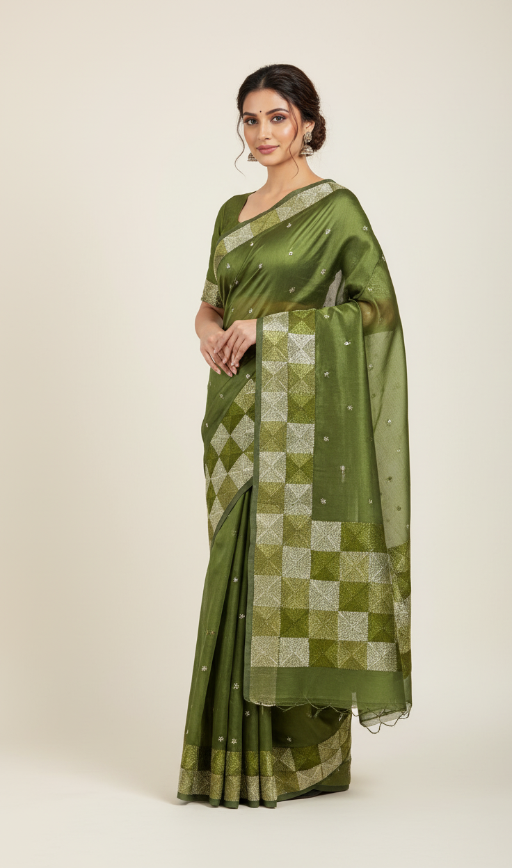 The Amritsar Store Phulkari Saree Hand-Embroideredin Olive Green