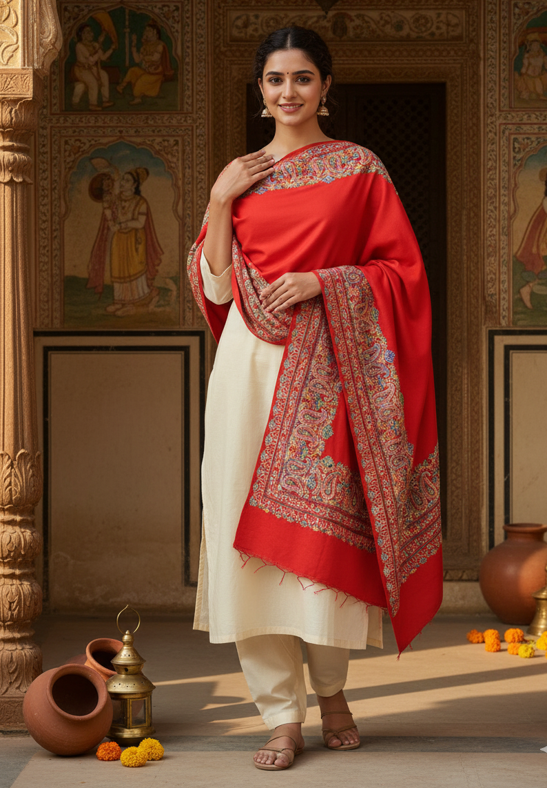 Red Four Side Border Kashmiri Embroidery Pure Wool Handcrafted Shawl