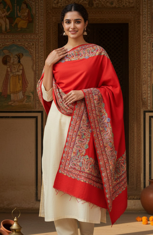 Red Four Side Border Kashmiri Embroidery Pure Wool Handcrafted Shawl