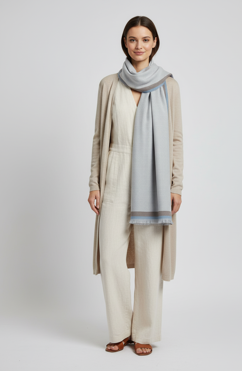 Scarf in Classic Grey Plaidwith Dual-Tone Border,Muffler for men