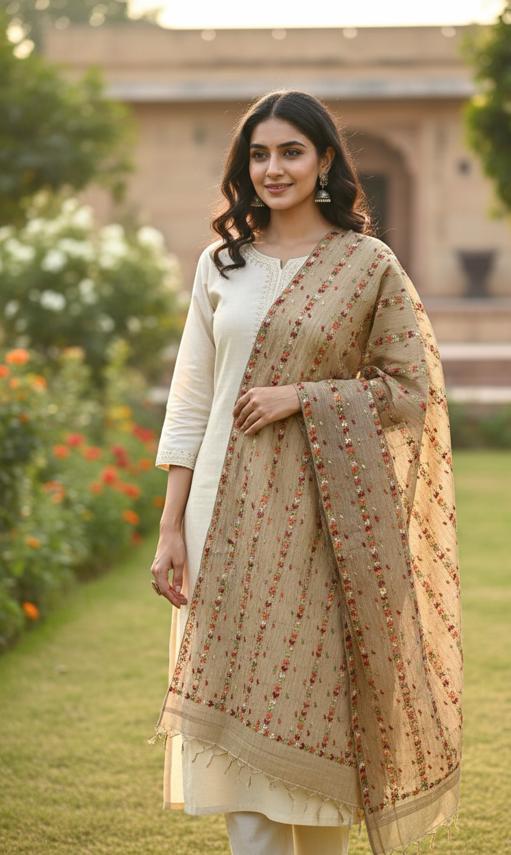 Phulkari Dupatta Hand Embroidered with Multicolor thread on Brown