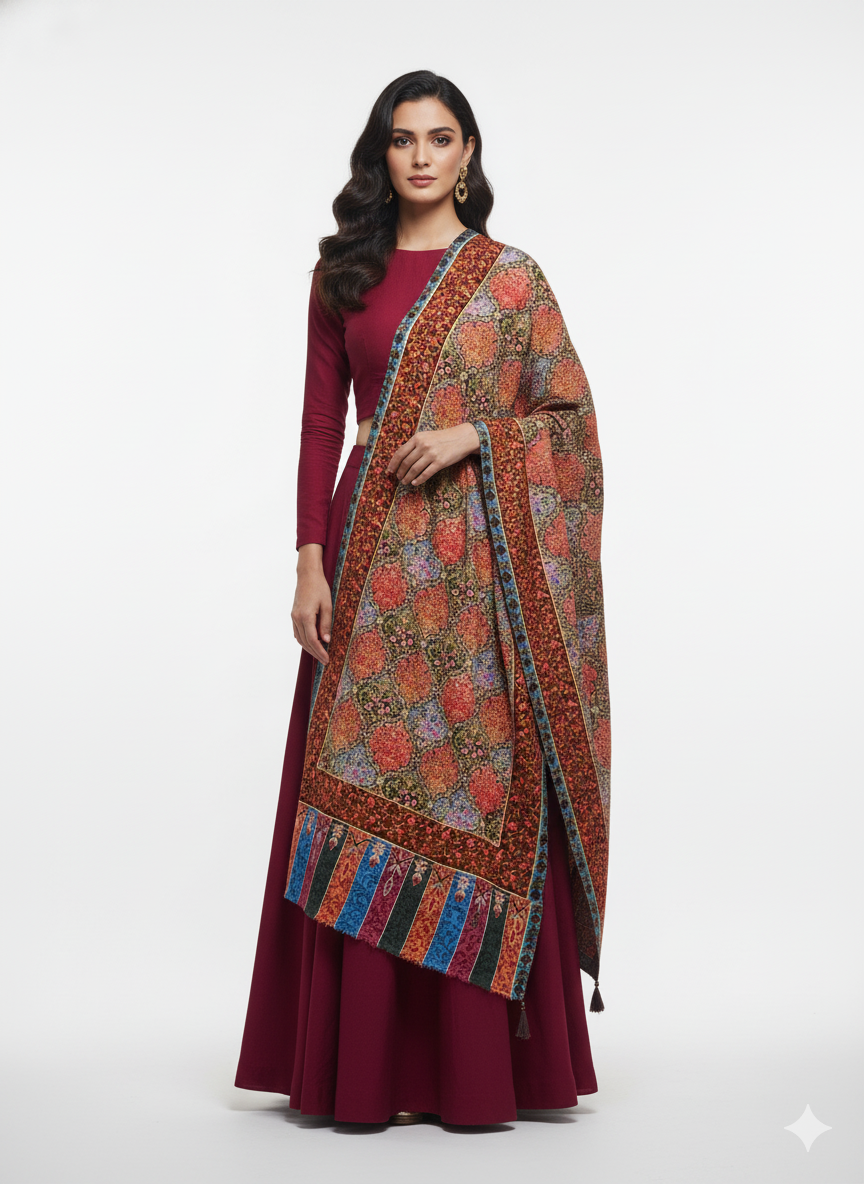 The Amritsar Store Handcrafted Kashmiri Floral Stole – Multicolor Traditional Embroidery with Striped Tassels