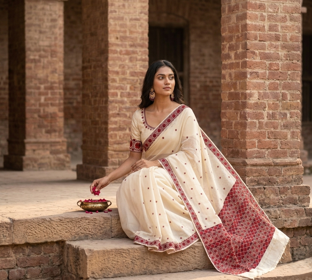 Phulkari Saree – Hand Embroidered White Saree For Women | The Amritsar Store