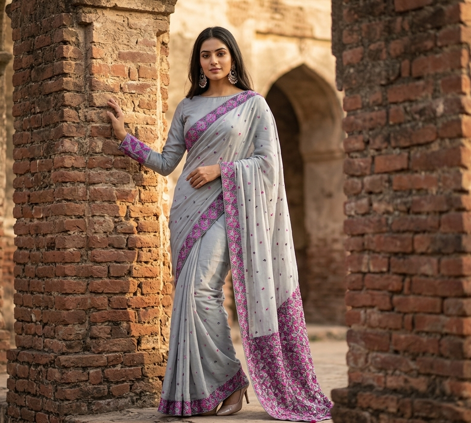 Phulkari Saree – Hand Embroidered Grey Saree with Pink Border | The Amritsar Store