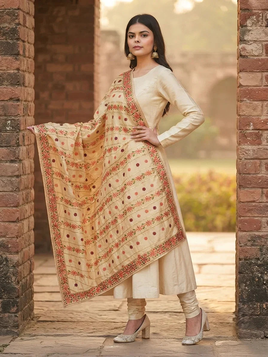 Classic Phulkari Dupatta In Golden Color With Red Embroidery by The Amritsar Store - The Amritsar Store