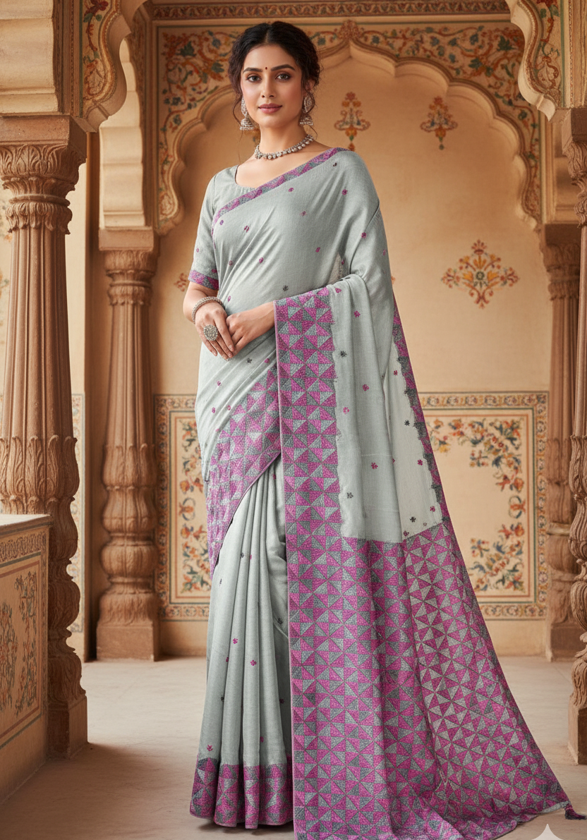 The Amritsar Store Phulkari Saree Hand Embroidered in Multicolor Thread on Grey Chinnon Chiffon