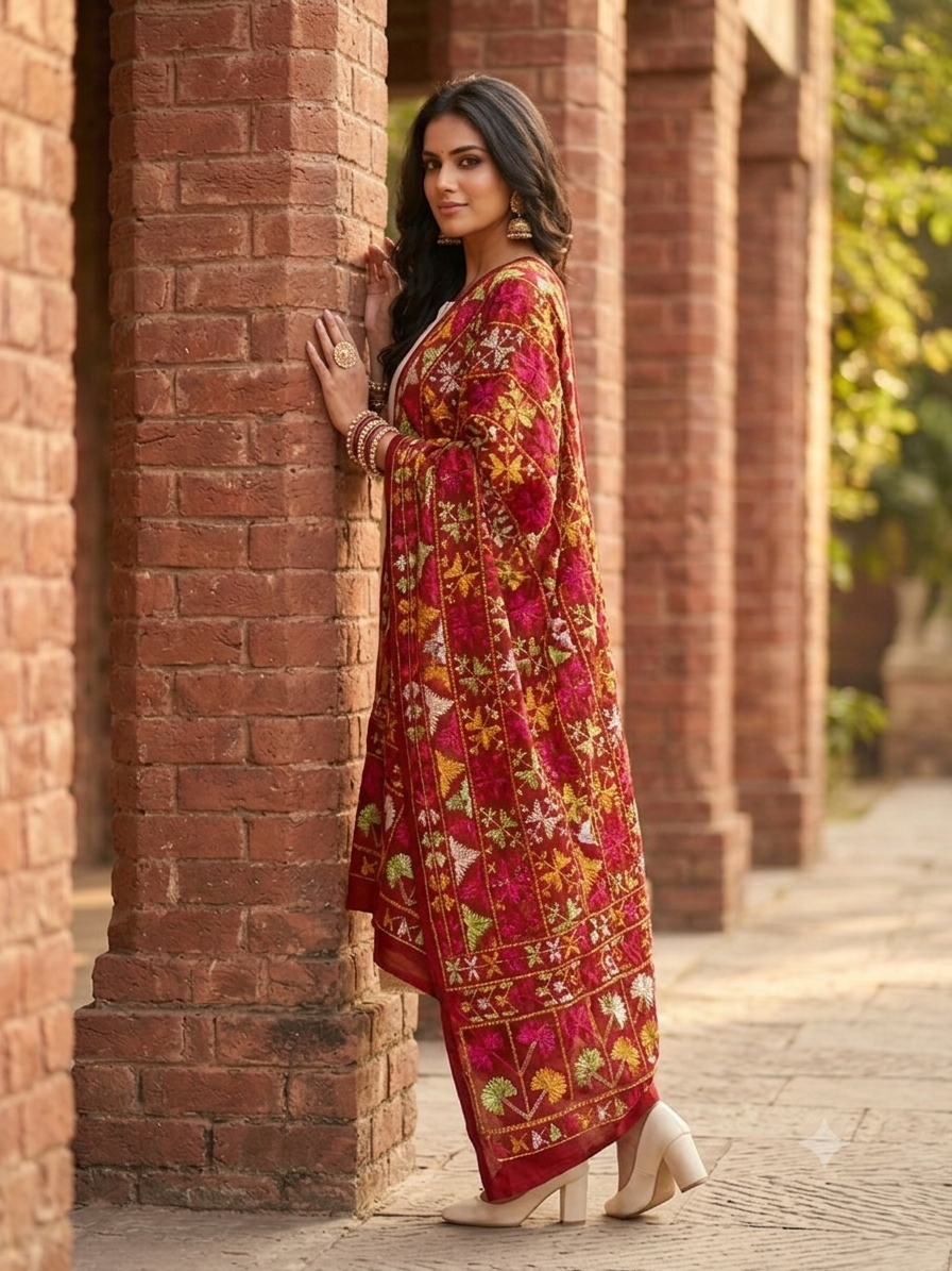 Phulkari Bagh Dupatta– Hand Embroidered Punjabi Dupatta | The Amritsar Store