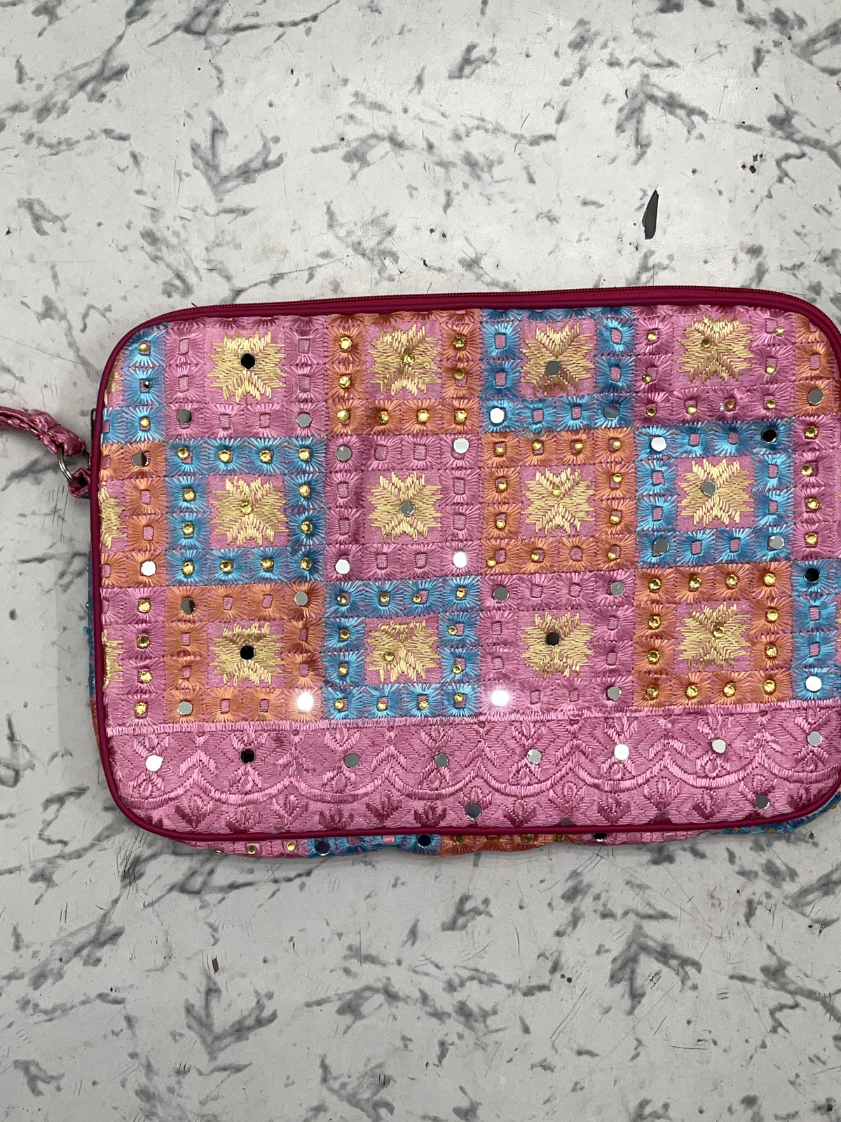 Pink Phulkari laptop bag with sleeve and premium zip