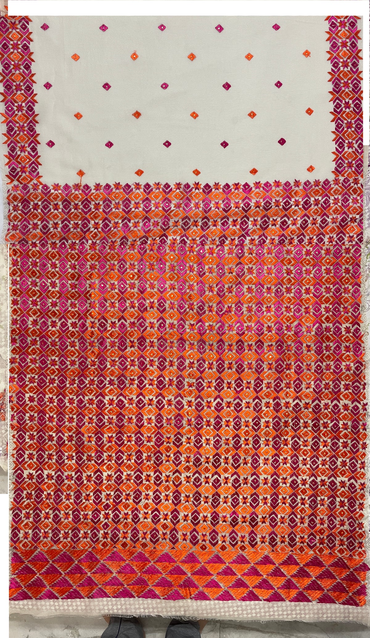 Off-White Phulkari Saree with Magenta & Orange Thread Embroidery