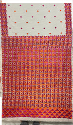 Off-White Phulkari Saree with Magenta & Orange Thread Embroidery