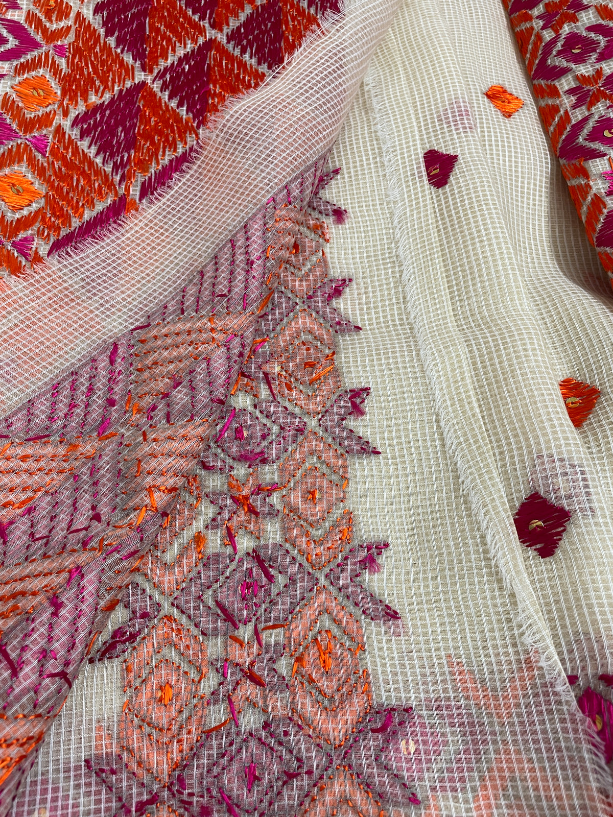 Off-White Phulkari Saree with Magenta & Orange Thread Embroidery