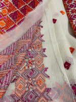 Off-White Phulkari Saree with Magenta & Orange Thread Embroidery