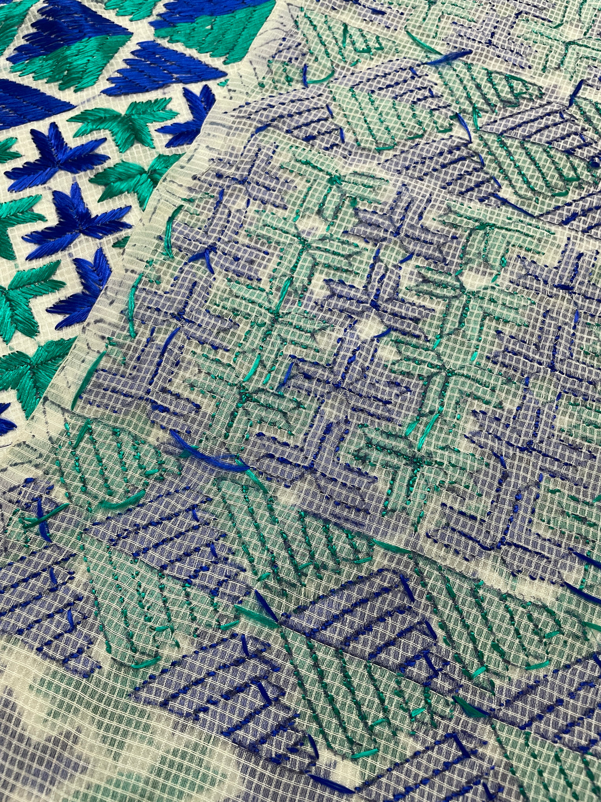 Hand Embroidered White Phulkari Saree in Blue Accents