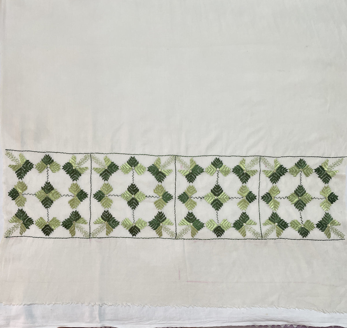 Phulkari Hand Embroidered Off-White Stole with Green Borders | The Amritsar Store