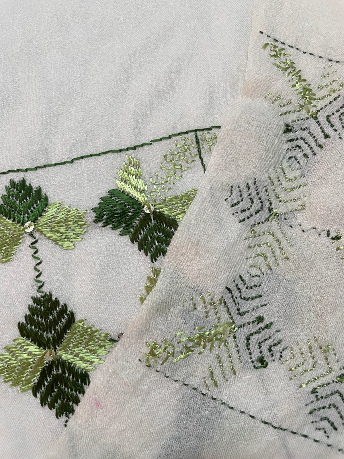 Phulkari Hand Embroidered Off-White Stole with Green Borders | The Amritsar Store