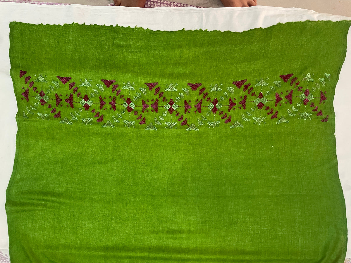 Phulkari Hand Embroidered Stole in green with Magenta Border | The Amritsar store