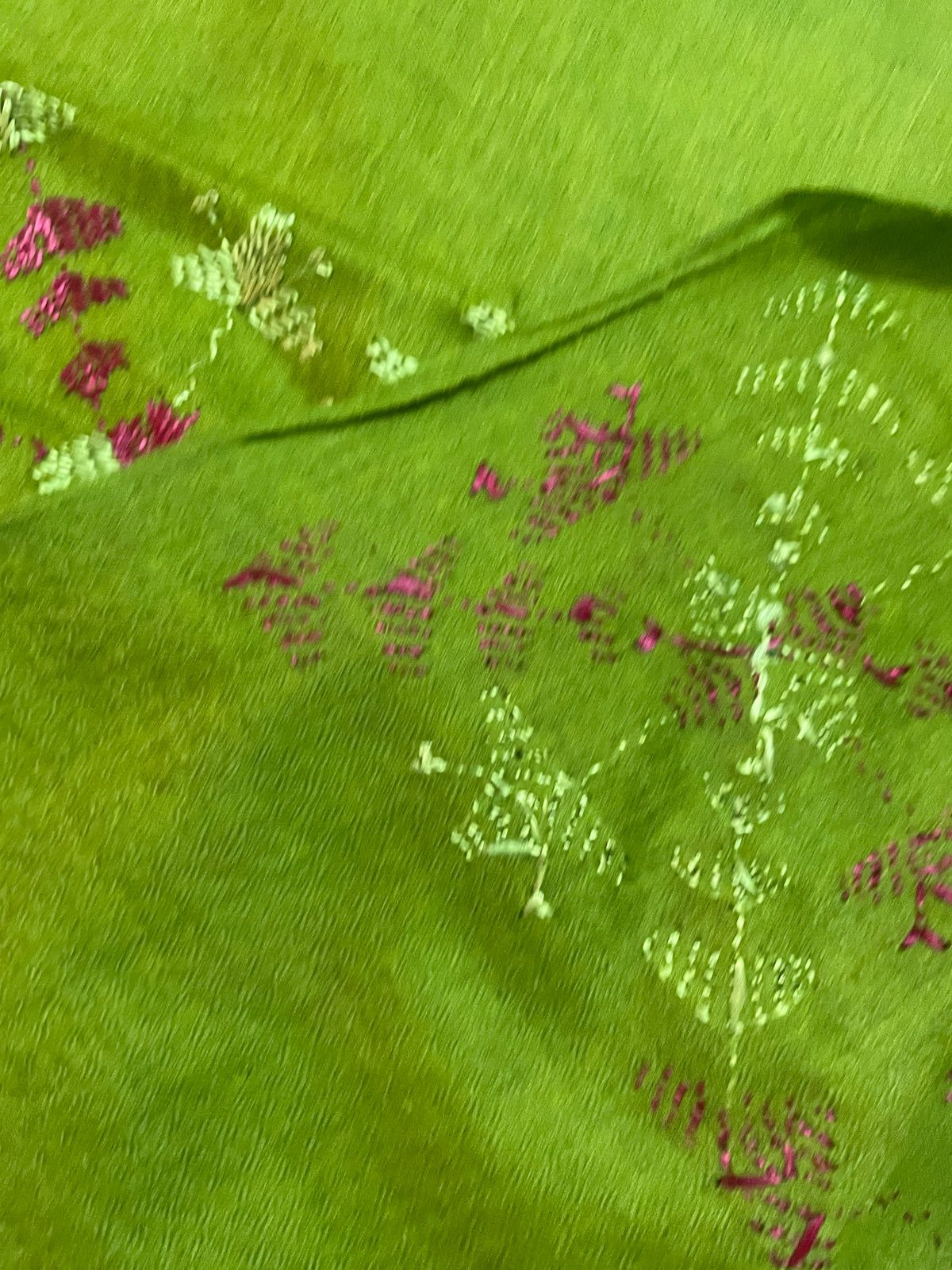 Phulkari Hand Embroidered Stole in green with Magenta Border | The Amritsar store