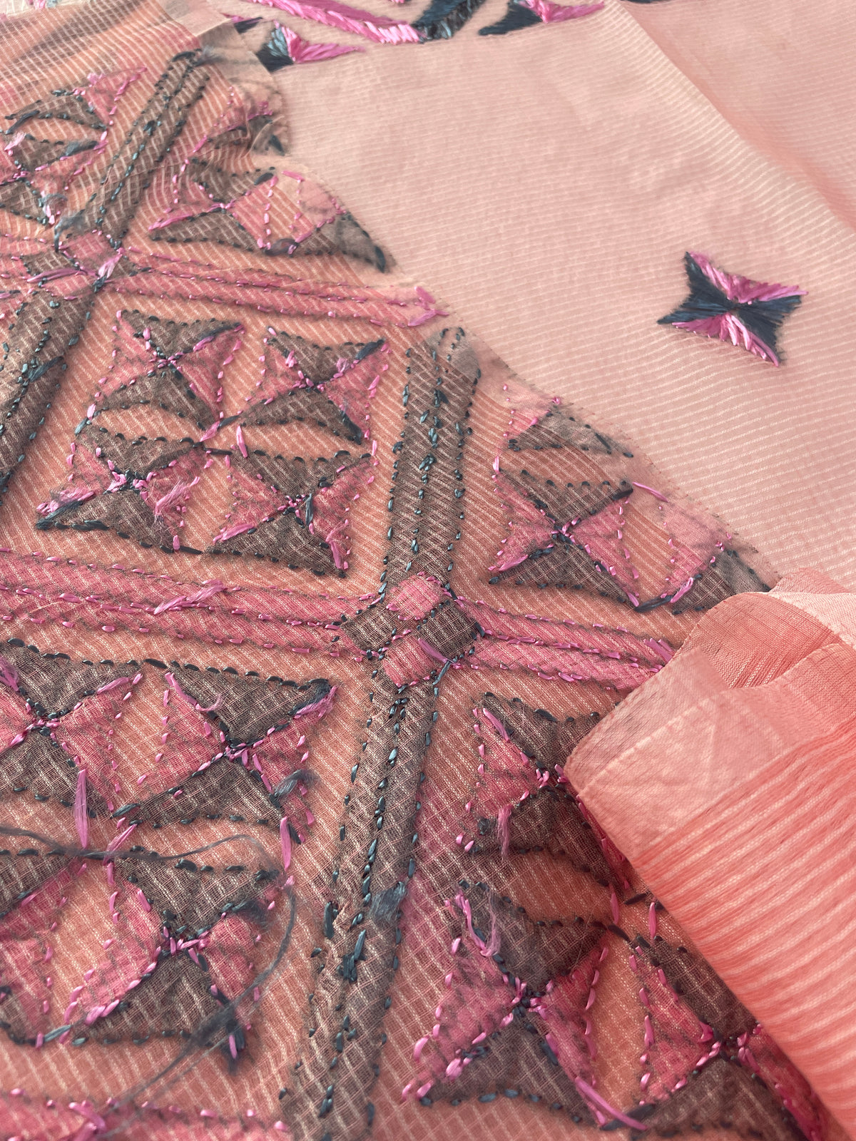 Elegant Pink Phulkari Saree with Hand Embroidery