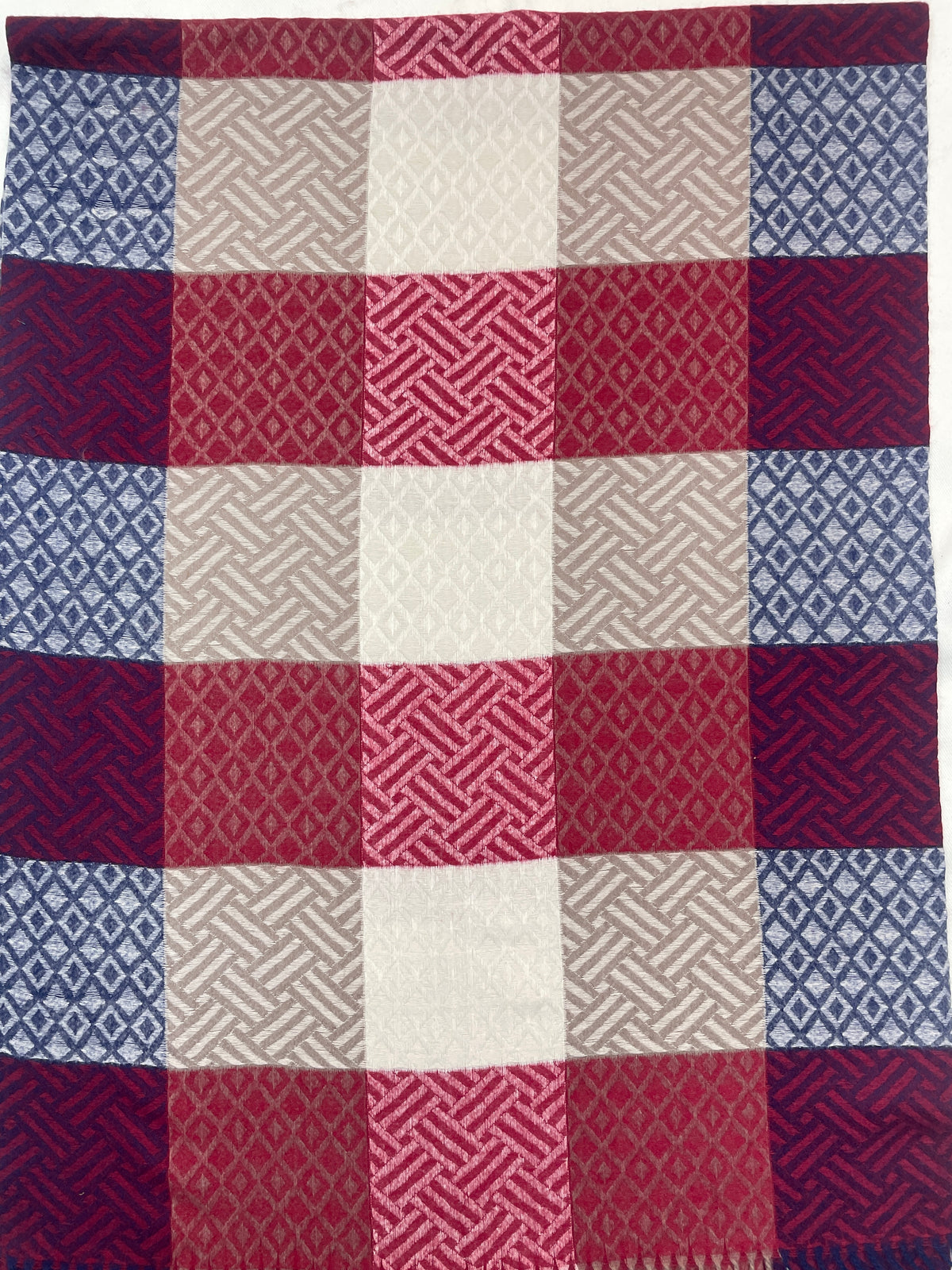 Multicolor Geometric Checkered Scarf – Soft Winter Wrap in Red, Blue, Beige & White