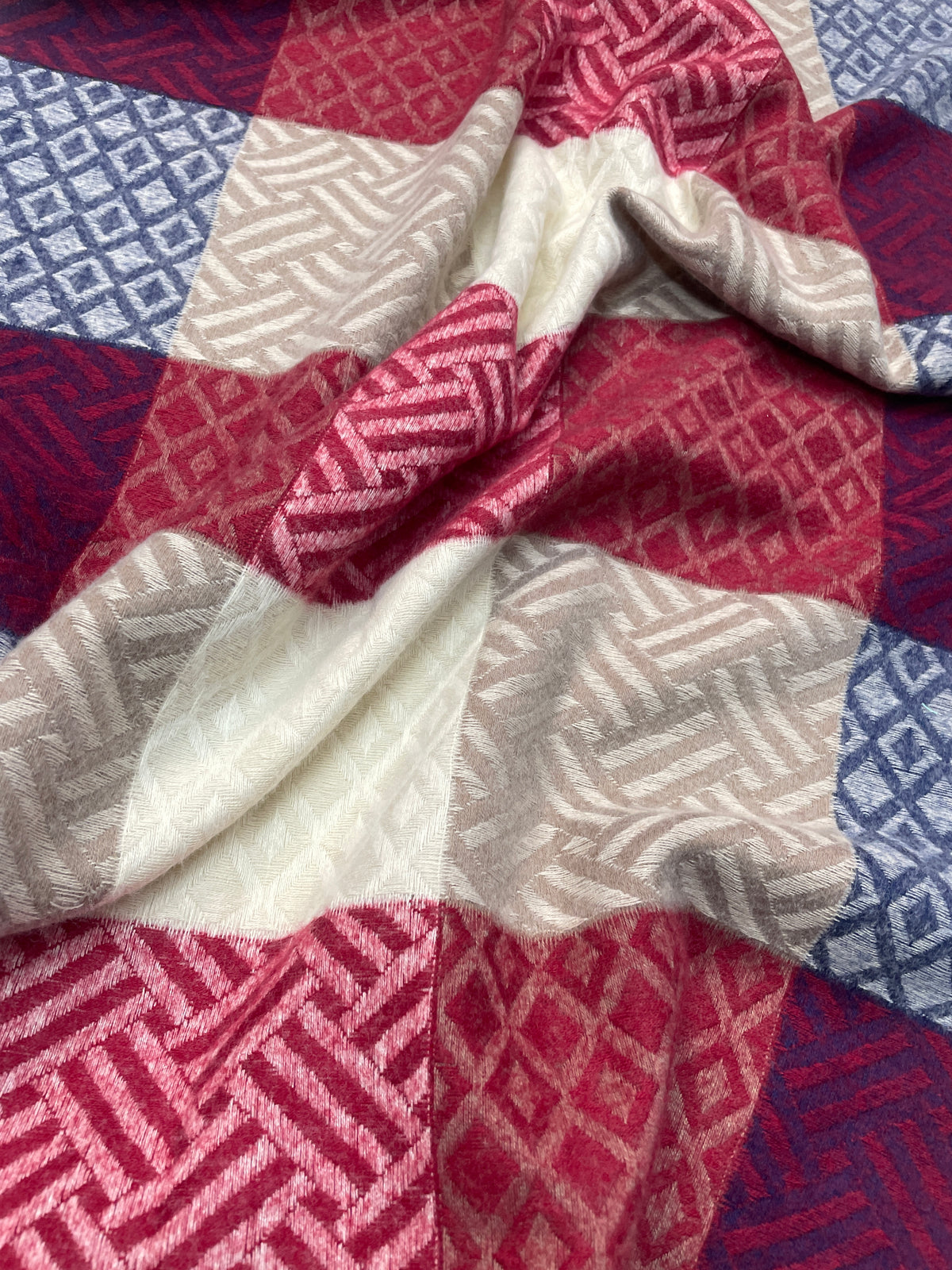 Multicolor Geometric Checkered Scarf – Soft Winter Wrap in Red, Blue, Beige & White