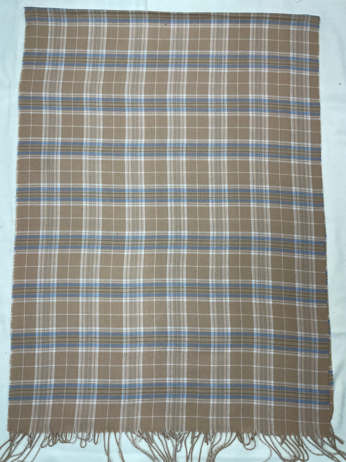 Classic Brown & Blue Checkered Shawl – Soft Winter Wrap with Fringe Detailing