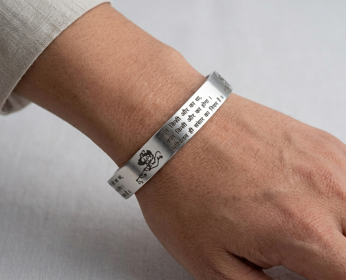 Men’s 12mm heavy stainless steel photo kada featuring Lord Krishna and Geeta Saar engraving by The Amritsar Store