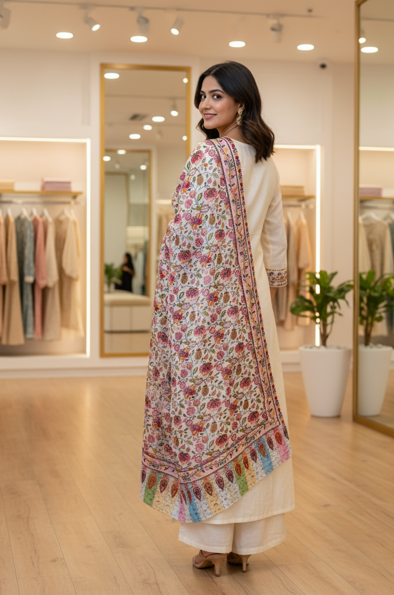 The Amritsar Store Kashmiri Sozni Embroidered Stole – Multicolor with Pastel Paisley Border