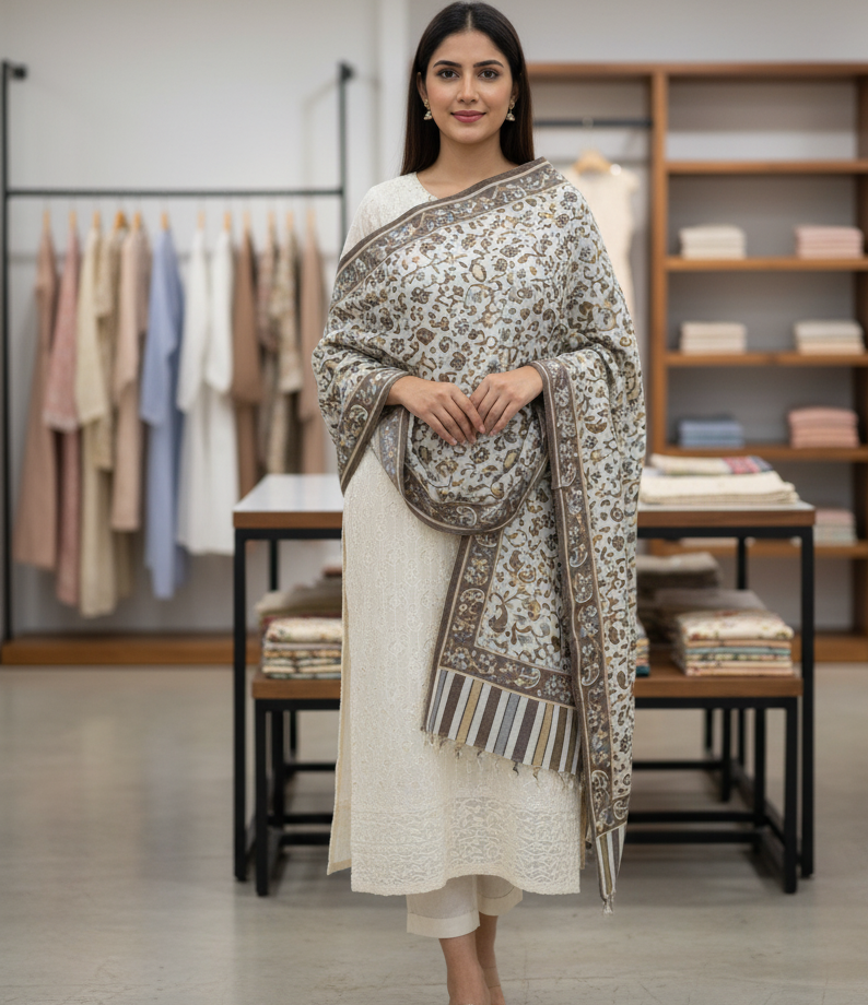 The Amritsar Store Womens Elegant Off-White Stole with Floral Accents