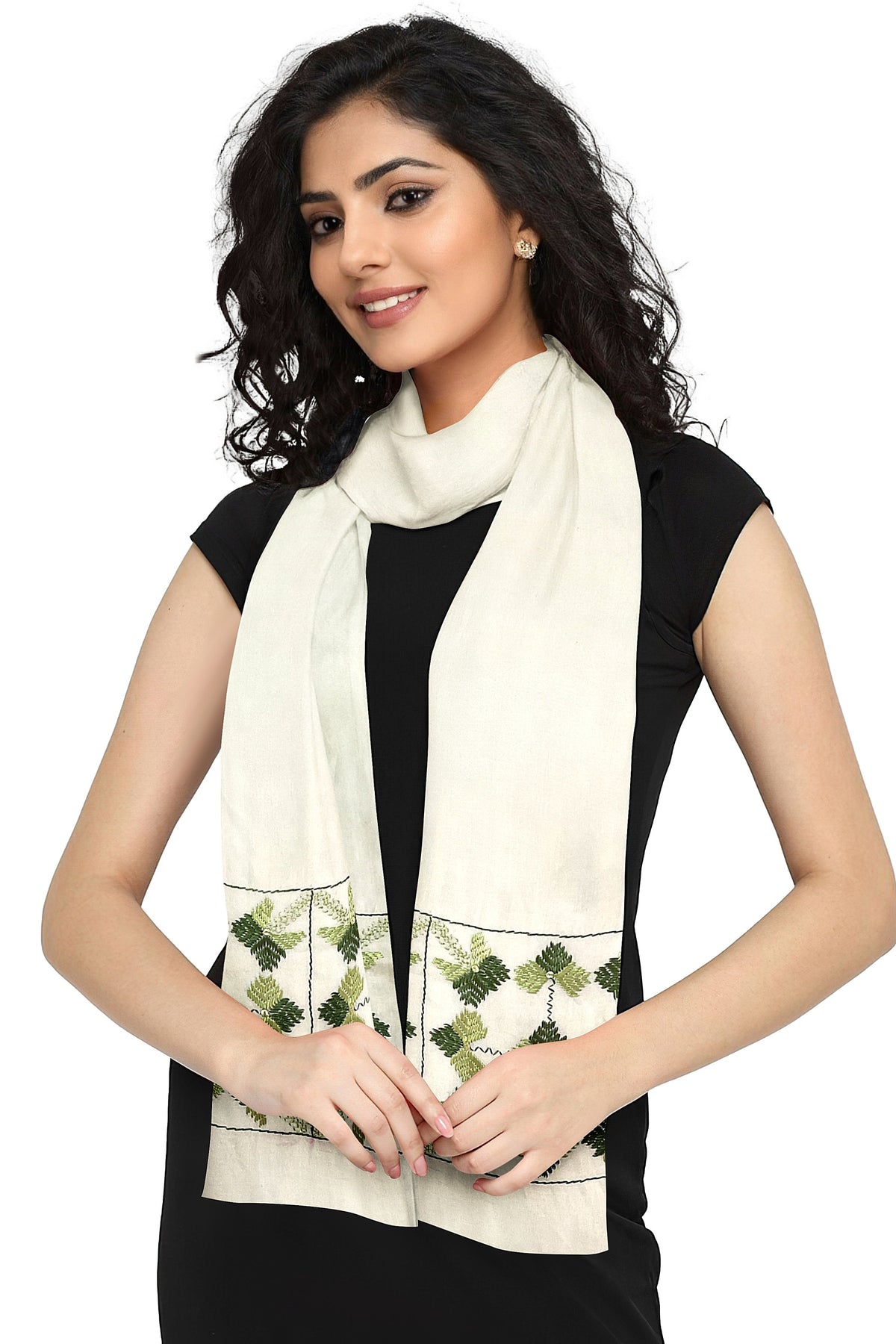 Phulkari Hand Embroidered Off-White Stole with Green Borders | The Amritsar Store