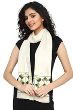 Phulkari Hand Embroidered Off-White Stole with Green Borders | The Amritsar Store