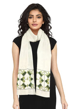 Phulkari Hand Embroidered Off-White Stole with Green Borders | The Amritsar Store