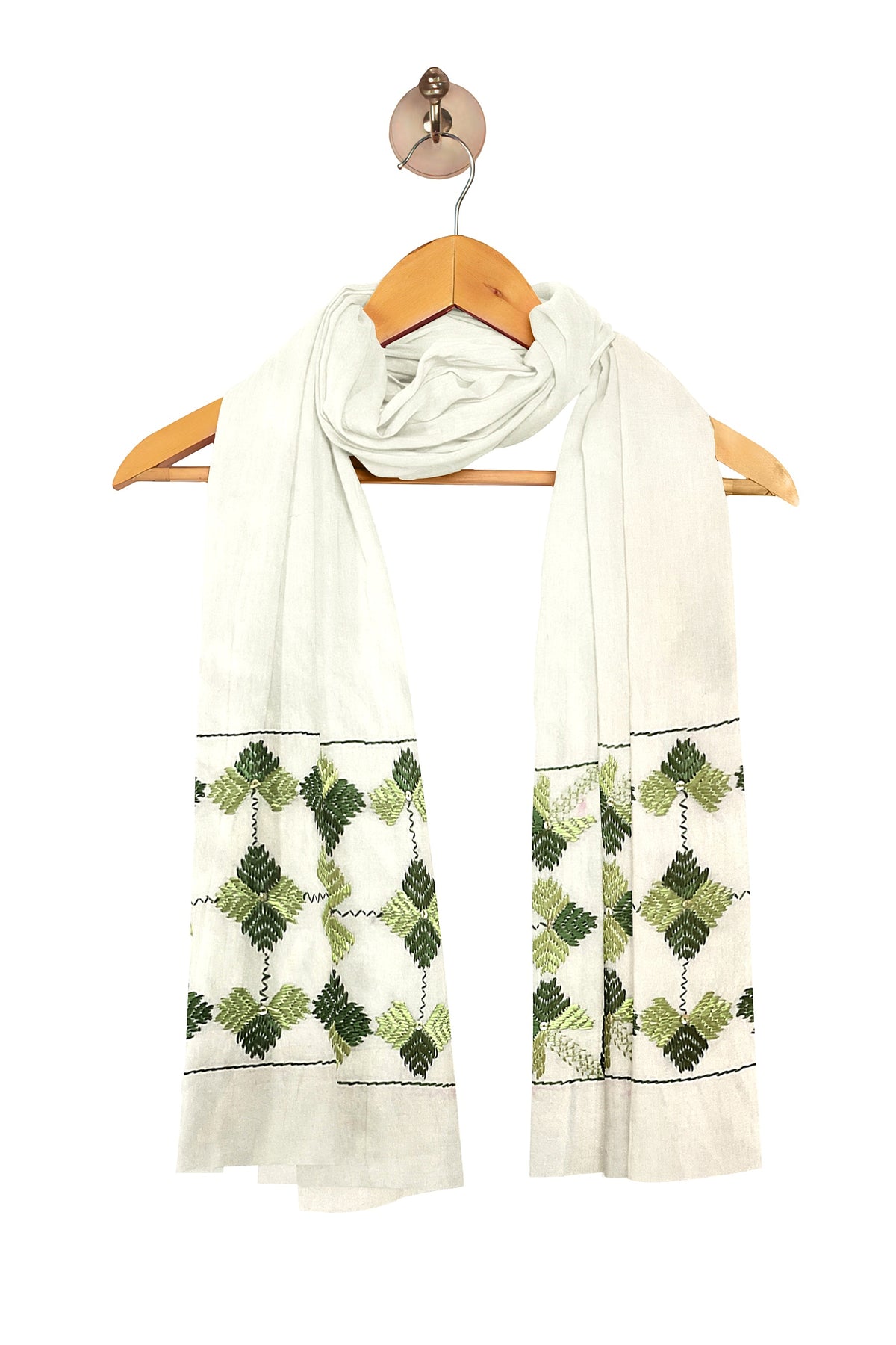 Phulkari Hand Embroidered Off-White Stole with Green Borders | The Amritsar Store