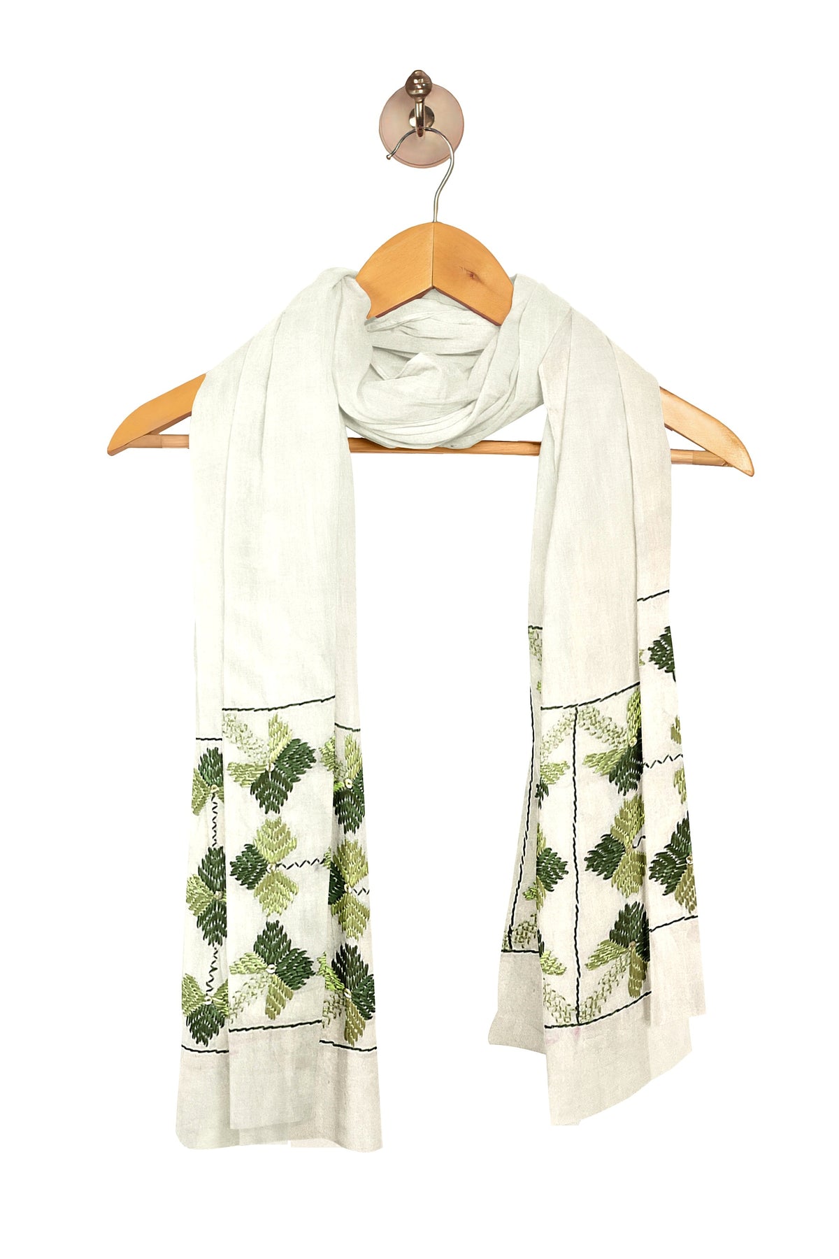 Phulkari Hand Embroidered Off-White Stole with Green Borders | The Amritsar Store