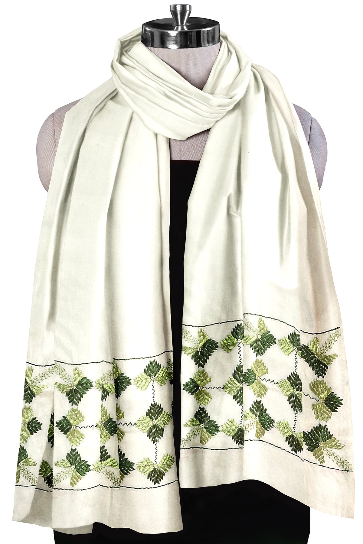 Phulkari Hand Embroidered Off-White Stole with Green Borders | The Amritsar Store
