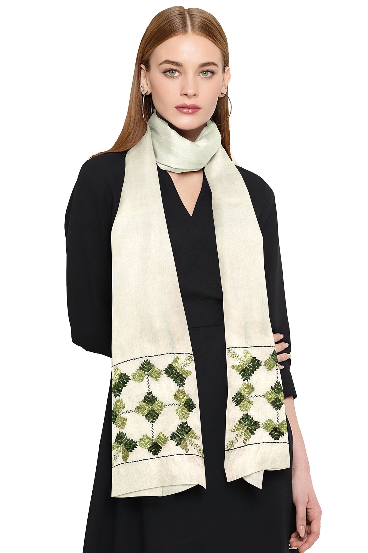 Phulkari Hand Embroidered Off-White Stole with Green Borders | The Amritsar Store