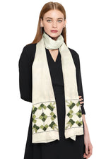 Phulkari Hand Embroidered Off-White Stole with Green Borders | The Amritsar Store