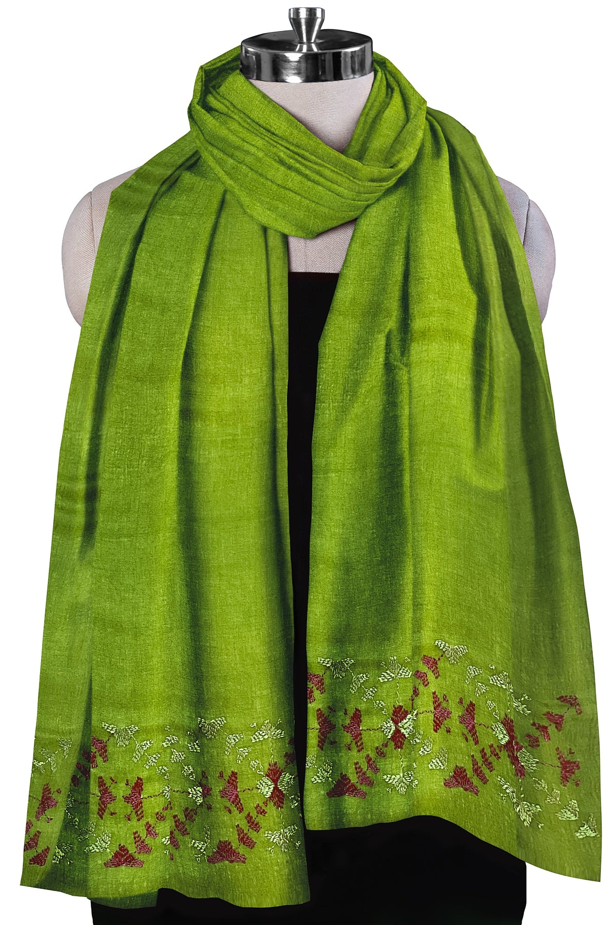 Phulkari Hand Embroidered Stole in green with Magenta Border | The Amritsar store
