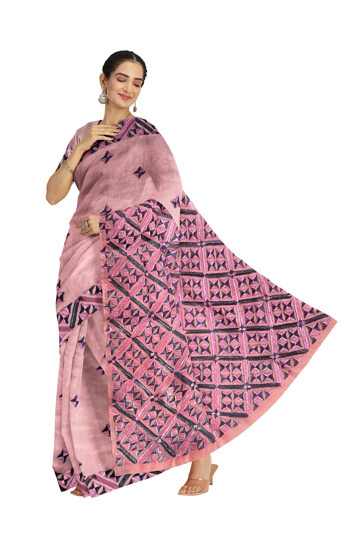 Elegant Pink Phulkari Saree with Hand Embroidery