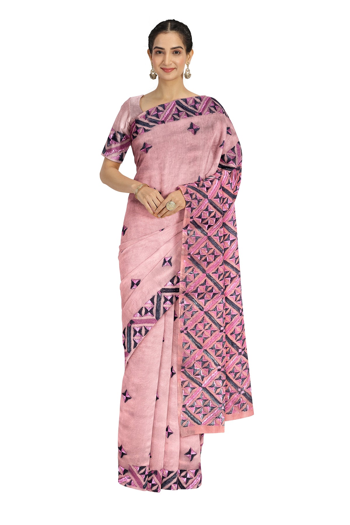 Elegant Pink Phulkari Saree with Hand Embroidery